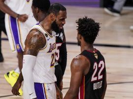 LeBron James (Lakers) and Jimmy Butler (Heat) battling during Game 3 of the NBA Finals. (Image: Mark J. Terrill/AP)