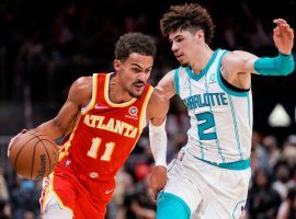 Trae Young from the Atlanta Hawks drives to the basket against LaMelo Ball of the Charlotte Hornets, but the two young guards will meet again in the NBA Play-In Tournament. (Image: Getty)