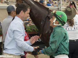 Trainer Leonard Powell, seen here with jockey Rafael Bejarano after the pair won the Cougar II Handicap at Del Mar in 2018, put in a record $150,000 claim for a 3-year-old filly Saturday. (Image: Benoit Photo)