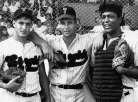 Dermot Mulroney, William Peterson, and Larry Riley as the 1957 Tampico Stogies in the Alabama-Florida minor league. (Image: HBO)