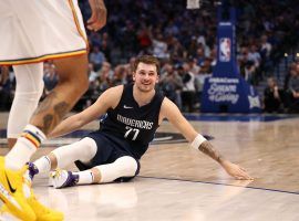 Dallas Mavericks All-Star Luka Doncic on his way to outscoring the Golden State Warriors in the first quarter at the American Arlines Center in Dallas. (Image: Ronald Martinez/Getty)