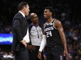 LA Lakers coach Luke Walton and Buddy Hield from the Sacramento Kings at Staples Center in Los Angeles. (Image: Cary Edmondson/USA Today Sports)