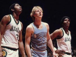 Michigan State's Magic Johnson (left) and Larry Bird (33) from Indiana State line up for a free throw in the 1979 NCAA Championship game in Salt Lake City, Utah. (Image: AP)