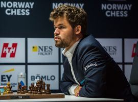 Magnus Carlsen (pictured) holds a slim lead over Richard Rapport heading into the final round of the 2021 Norway Chess tournament. (Image: Carina Johansen/NTB)