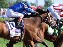 Malathaat, seen here gaining on her Kentucky Oaks rivals, won't do the same against the boys in the Belmont Stakes. She needs to eat extra oat buckets to gain weight for the summer campaigns. (Image: Churchill Downs/Coady Photography)