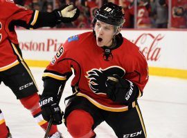 Matthew Tkachuk of the Calgary Flames celebrating after scoring a goal in the regular season. (Image: Candice Ward/USA Today Sports)