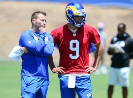 LA Rams head coach Sean McVay chats with new quarterback Matthew Stafford during training camp. (Image: Gary A. Vasquez/USA Today Sports)