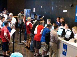 Bettors line up to place bets at the Fanduel Sportsbook at Meadowlands Racetrack during its opening day on July 14. (Image: AP/Wayne Parry)