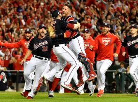 The Washington Nationals celebrate a sweep of the Cardinals after winning Game 4 of the 2019 NLDS in Washington. (Image: Brad Mills/USA Today Sports)