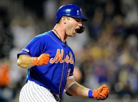 Rookie Pete Alonso of the NY Mets celebrates after connecting on a home run at CitiField in Queens, NY.