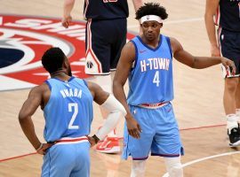 Houston Rockets guard David Nwaba (2) and forward Danuel House Jr. (4) have an in-game conference during a loss against the Washington Wizards. (Image: Will Newton/Getty)