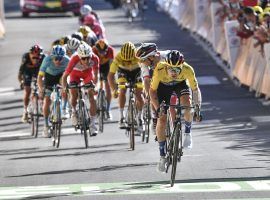 Primoz Roglic reaches the finish line first at Orcieres-Merlett in Stage 4. (Image: Anne-Christine Poujjular/AP)