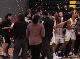 St. Louis College of Pharmacy's Trevyn Dugar (3) is mobbed by fans after ending a 108-game losing streak by defeating Lindenwood University-Belleville. (Image: Nicole Savant)