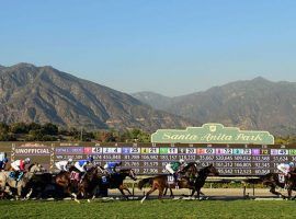 Until further notice, fans won't be able to enjoy this spectacular view of the San Gabriel Mountains behind the Santa Anita finish line. The track is closed to spectators. (Image: Santa Anita Park)