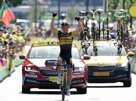 Sepp Kuss from Jumbo-Visma wins Stage 15 of the Tour de France during a difficult mountain stage in the Pyrenees, which ended in Andorra. (Image: Getty)