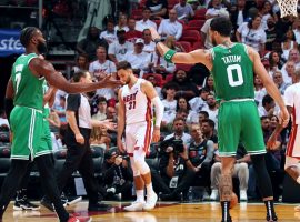 Jaylen Brown and Jayson Tatum from the Boston Celtics celebrate a Game 2 victory over the Miami Heat at American Airlines Arena. (Image: Garcia Jerome)