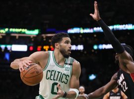 Jayson Tatum from the Boston Celtics powers his way to the basket against Jimmy Butler of the Miami Heat at TD Garden. (Image: Paul Rutherford/USA Today Sports)