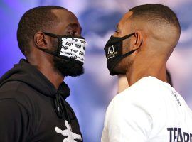 Terence Crawford (left) will defend his welterweight title against challenger Kell Brook (right) on Saturday night. (Image: Mikey Williams/Top Rank/Getty)