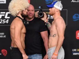 Khabib Nurmagomedov (left) will face Justin Gaethje (right) in the main event of UFC 254. (Image: Josh Hedges/Zuffa/Getty)