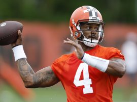 Deshaun Watson, the quarterback of the Cleveland Browns, drops back in a passing drill during training camp. (Image: Getty)