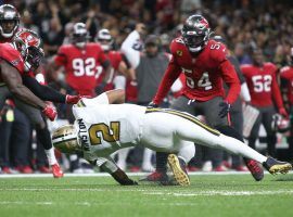 New Orleans Saints quarterback Jameis Winston goes down with a knee injury in the second quarter against the Tampa Bay Bucs. (Image: Sean Gardner/Getty)