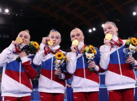 The Russian Olympic Committee (ROC) team upset the United States to win gold in the womenâ€™s gymnastics team competition. (Image: Laurence Griffiths/Getty)