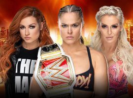 The main event of WrestleMania 35 is a triple treat contest between Becky Lynch (left), Ronda Rousey (center), and Charlotte Flair (right).