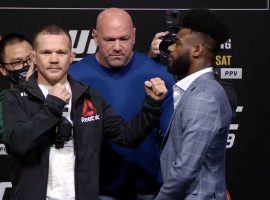 Petr Yan (left) defends his bantamweight title against Aljamain Sterling (right) at UFC 259 on Saturday. (Image: UFC/Twitter/@arielhelwani)