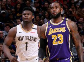 New Orleans Pelicans rookie Zion Williamson and Los Angeles Lakers star LeBron James during a game in New Orleans. (Image: Porter Lambert/Getty)