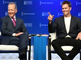 Sportscaster Jim Gray, left, interviews Tom Brady at the Milken Institute’s Global Conference on Monday. (Image: Milken Institute)