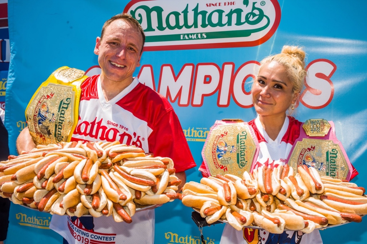 Joey Chestnut, Miki Sudo Nathanâ€™s Hot Dog eating contest 