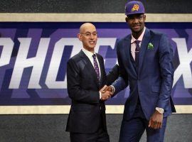 NBA Commissioner Adam Silver congratulates NBA Draft No. 1 pick Deandre Ayton. (Image: AP)