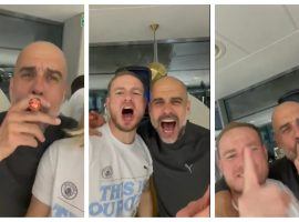 Pep Guardiola enjoying himself at City's title party. (Image: Twitter)