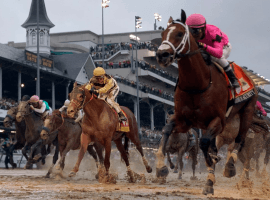 Maximum Security in the pink colors sloshes home a winner in the 2019 Kentucky Derby only to be disqualified.