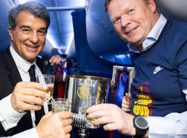 Barcelona president Joan Laporta (left) confirmed Ronald Koeman (right) as the team's coach for next season. (Image: Twitter / @FCBarcelona)