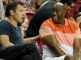 Head coach Luke Walton and Magic Johnson survey the Lakers during an NBA summer league game. (Image: Ethan Miller/Getty)