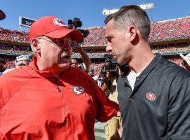 Kansas City head coach Andy Reid, left, and San Francisco head coach Kyle Shanahan are expected by oddsmakers to repeat as the AFC and NFC Champions. (Image: Getty)