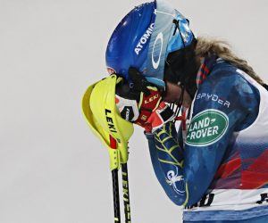 American Mikaela Shiffrin can't hold the emotions in as she crossed the finish line at Flachau, Austria in first Tuesday night. It was her 100th World Cup podium and first slalom victory since before her father passed away last February. (Image: Getty)