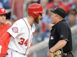 MLB hitter Bryce Harper argues a strike call with non-robot umpire