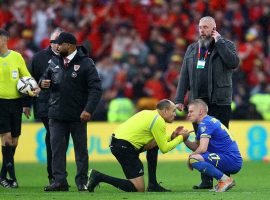 Ukraine's Oleksandr Zinchenko shared a moment with Spanish referee Mateu Lahoz after the match in Cardiff. (Image: twitter/sworldfootball)