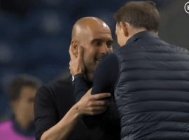 Chelsea boss Thomas Tuchel tried to comfort City's Pep Guardiola after beating him in the Champions League final. (Image: BT Sport)