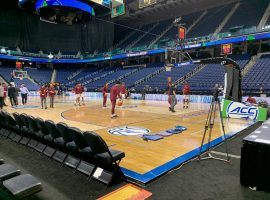 The Florida State basketball team warms up in front of empty arena in Greensboro, North Carolina during the ACC Tournament before officials cancelled it. (Image: AP)