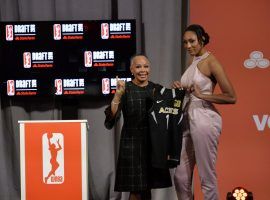 WNBA President Lisa Borders and Las Vegas Aces #1 draft pick A'ja Wilson in 2018. (Image: Julie Jacobson/AP)