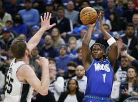 Anthony Edwards from the Minnesota Timberwolves pulls up for a jumper against Jakob Poeltl of the San Antonio Spurs. (Image: Getty)