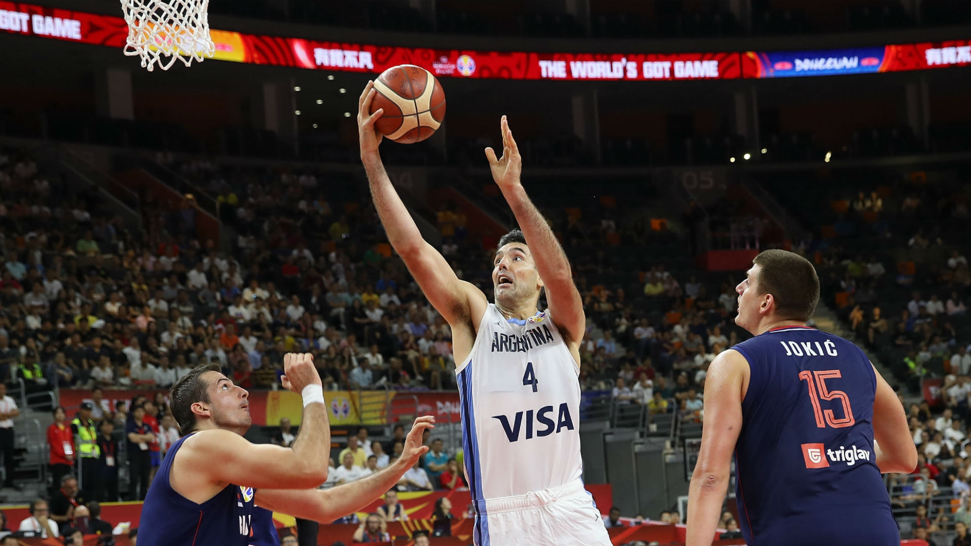 Luis Scola goes to the hoop in the FIBA World Cup matchup between Argentina and Serbia.