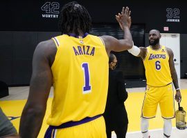 Trevor Ariza high-fives LeBron James during the Los Angeles Lakers media day last week in El Segundo. (Image: Getty)