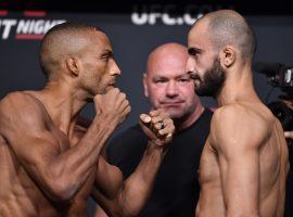 Edson Barboza (left) will take on rising featherweight contender Giga Chikadze (right) in the main event of UFC on ESPN 30 this Saturday night. (Image: Twitter/UFC)