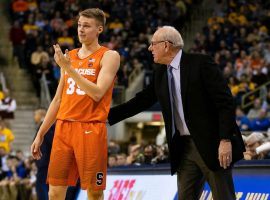 Buddy Boeheim gets advice from his father, Jim Boeheim, who is the head coach of Syracuse. (Image: Porter Lambert/Getty)