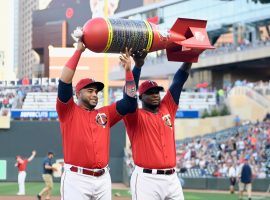 Nelson Cruz (left) Miguel Sano from Minnesota Twins presented with an award by local authorities for leading the MLB in home runs in 2019. (Image: Hannah Foslien/Getty)