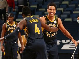 Victor Oladipo and Malcolm Brogdon celebrate an overtime victory for the Indiana Pacers. The Pacers and the Phoenix Suns meet this weekend as a battle of young upstarts. (Image: Getty)